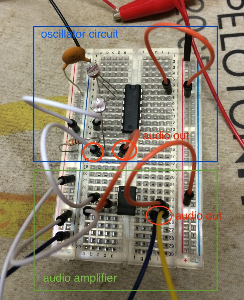 Breadboard of the Photoresistor Theremin circuit + 386 audio amplifier