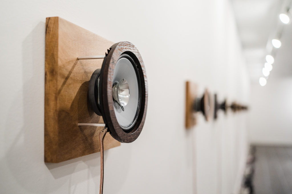 Close up of wood speaker panel on wall of the sound artwork, Wildfire