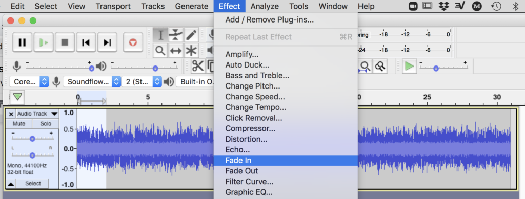 Figure 4. Add two-second fade-in in Audacity using Effect menu