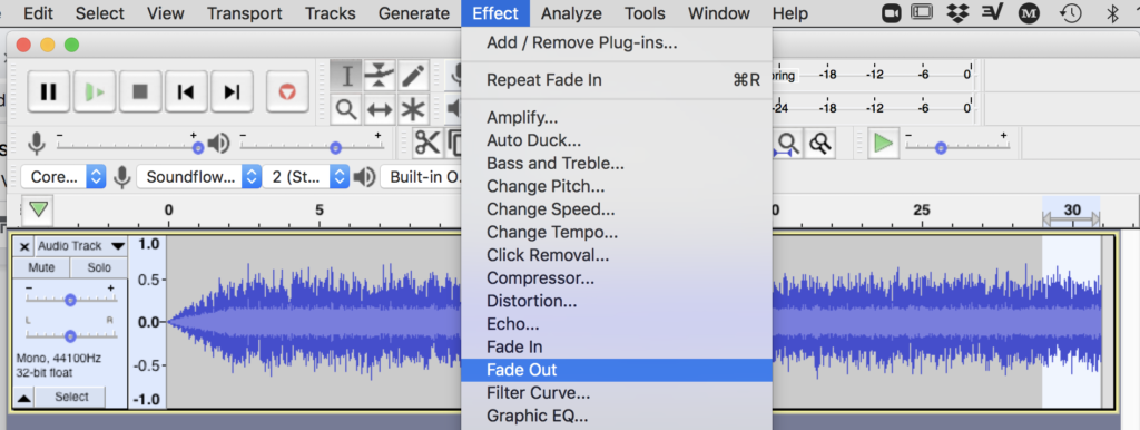 Figure 5. Add two-second fade-out in Audacity using Effect menu