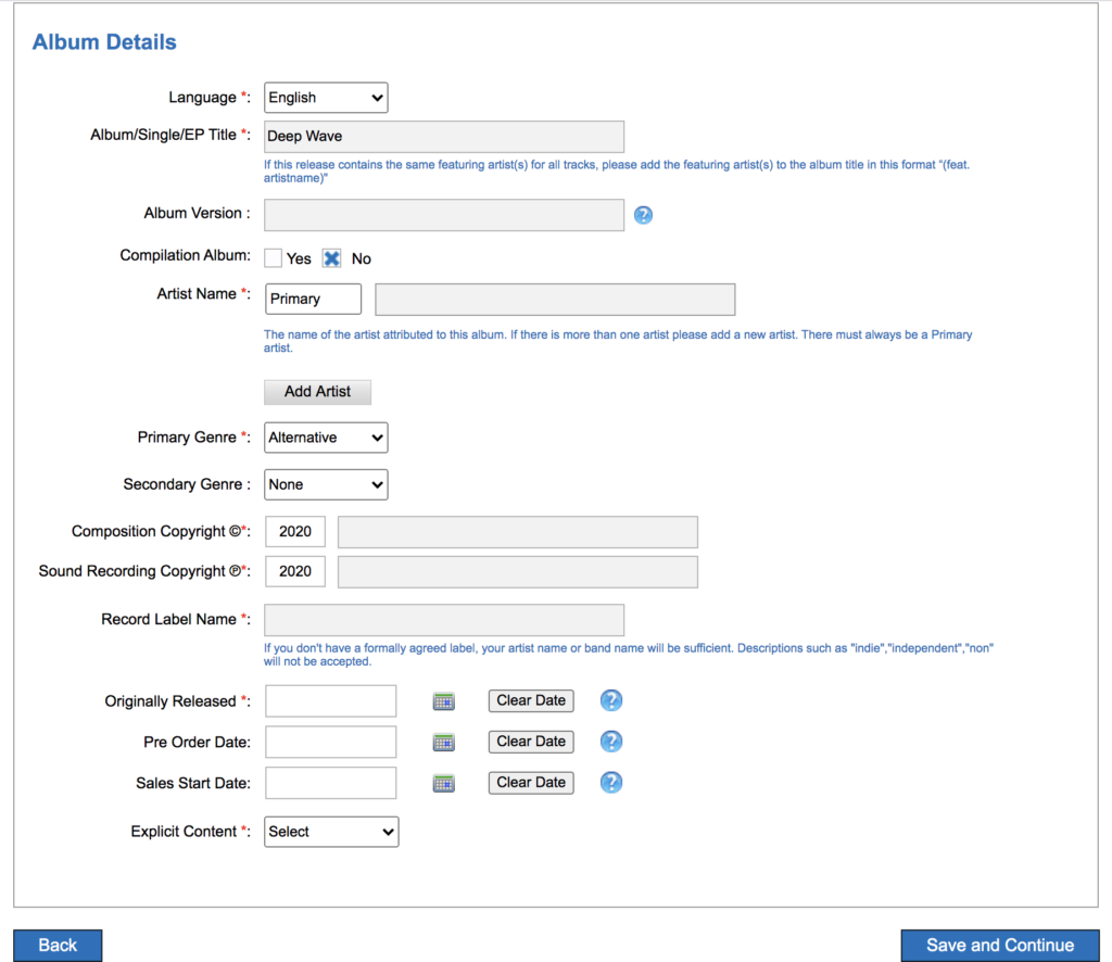 Figure 13. RouteNote Album details screen