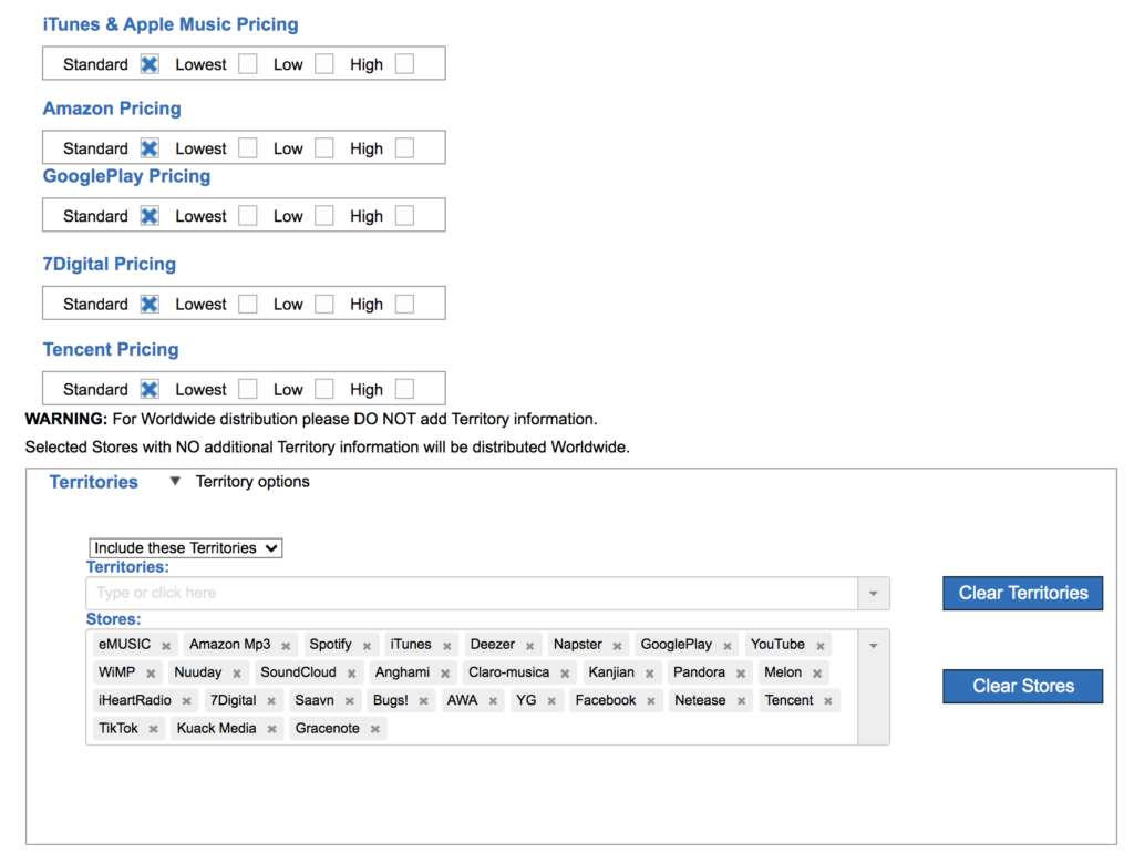 Figure 18. RouteNote Territories selection screen