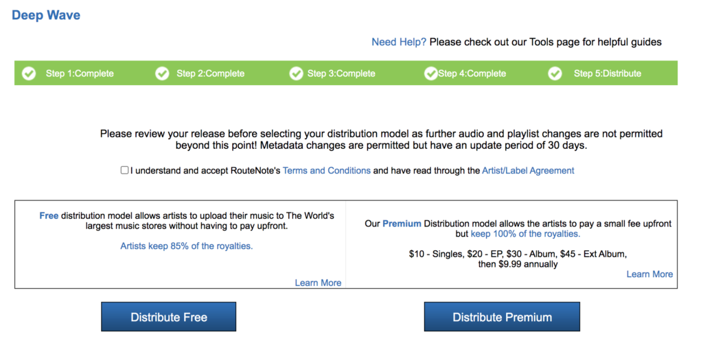 Figure 19. RouteNote Completion Screen. Two options for distribution (free vs paid).