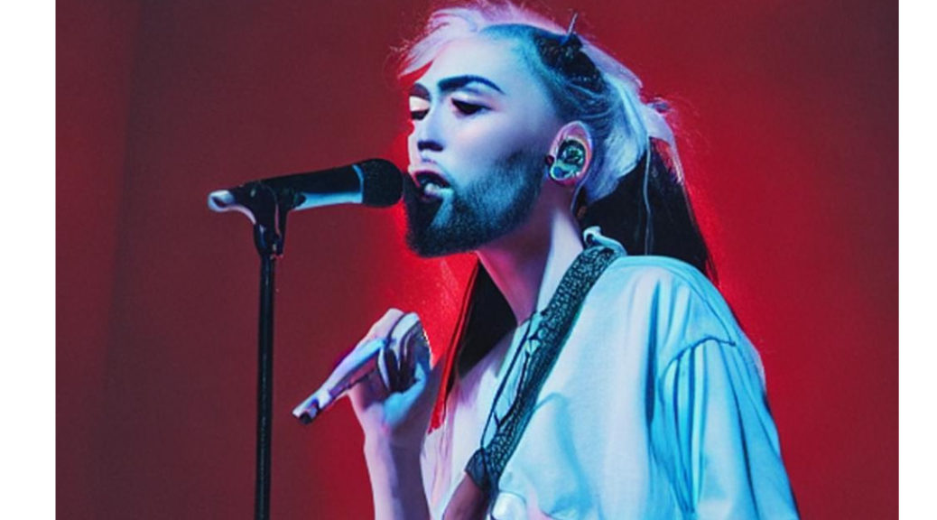 AI image of bearded lady singing on stage with a red background.